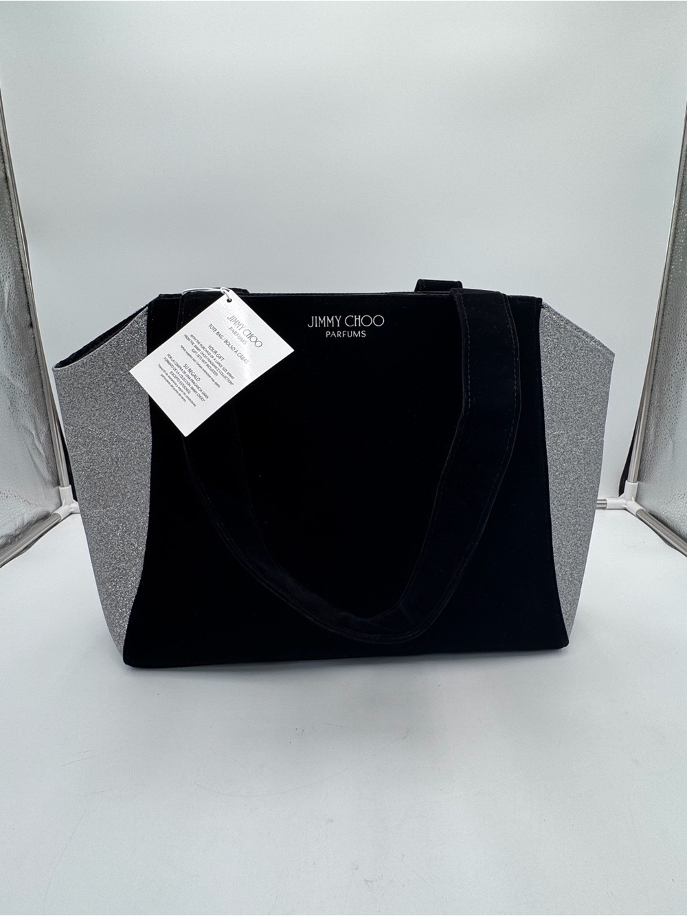 Jimmy Choo Parfums Black Velvet Silver Glitter Tote Bag Shoulder Purse With Tags